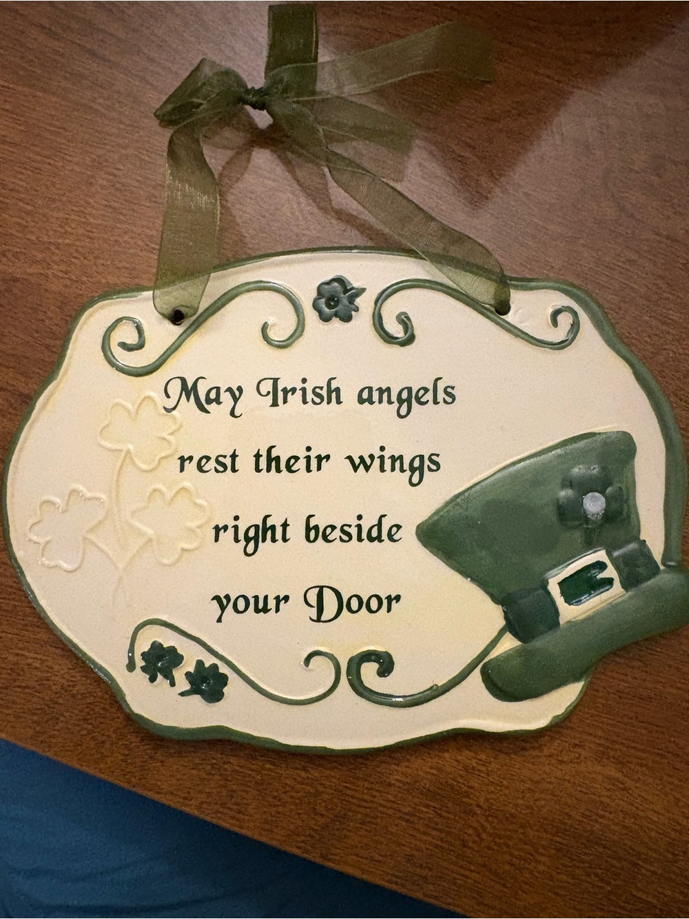 May Irish Angels Door Plaque – Cream and Green Ceramic Wall Hanging